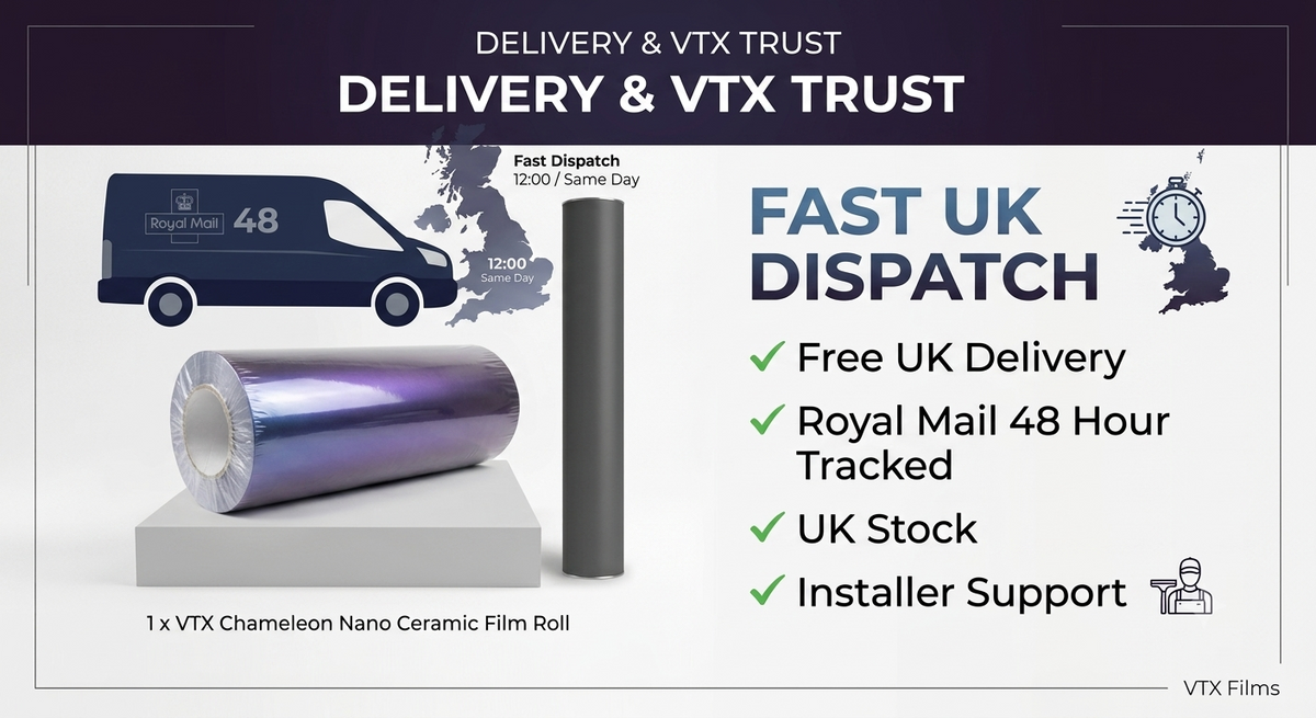 VTX Blue Chameleon Window Tint Film 70% VLT 2-Ply Nano Ceramic 1m x 1.5m