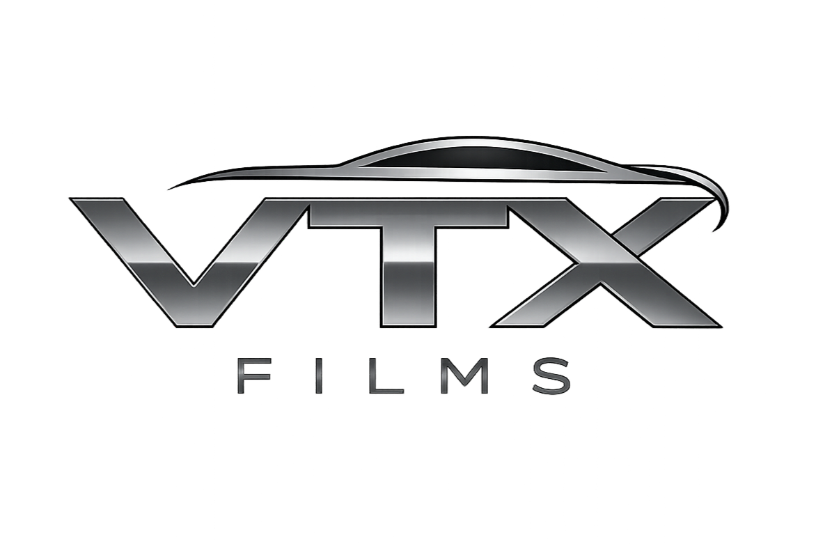 VTX Films logo with a stylized car design on a white background